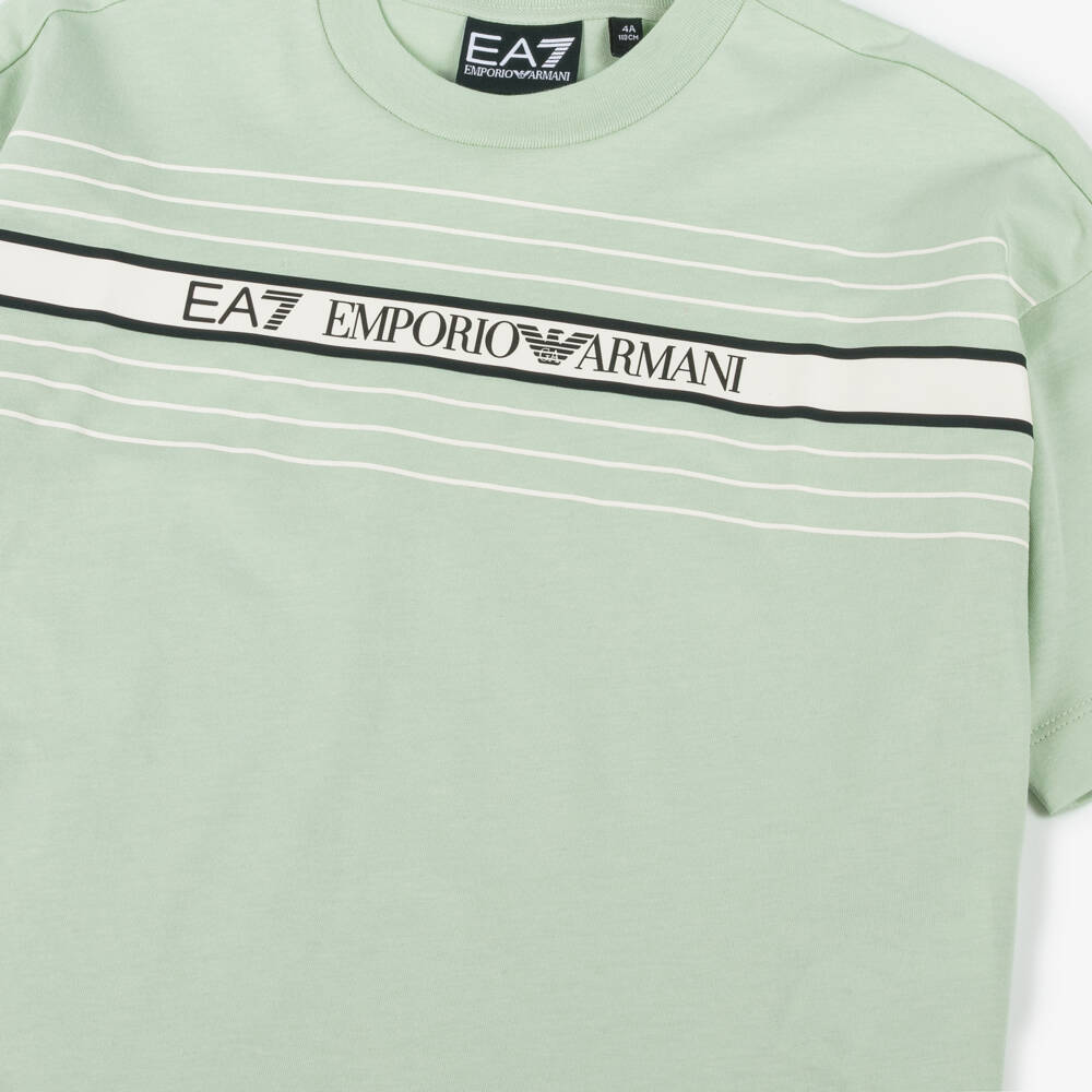 EA7 Emporio Armani-Boys Soft Green Striped Tee | Childrensalon Outlet