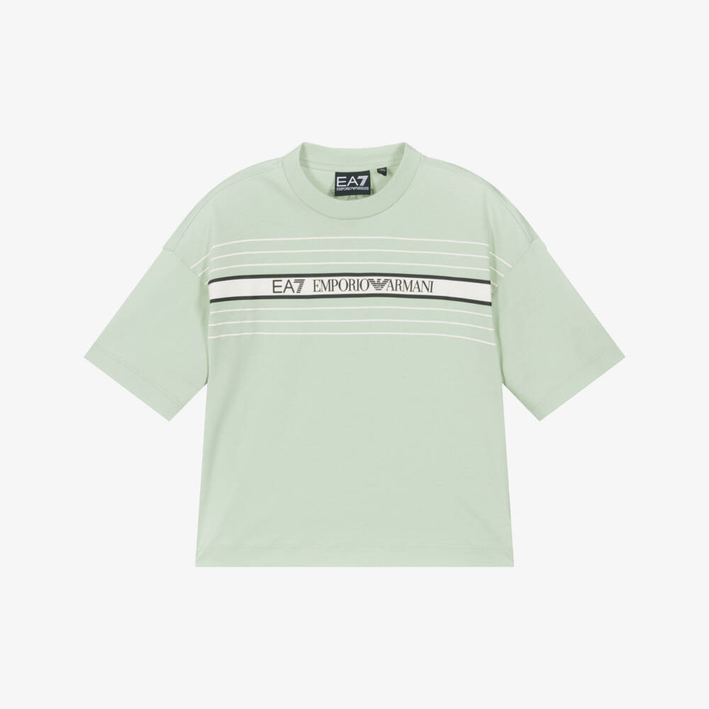 EA7 Emporio Armani-Boys Soft Green Striped Tee | Childrensalon Outlet