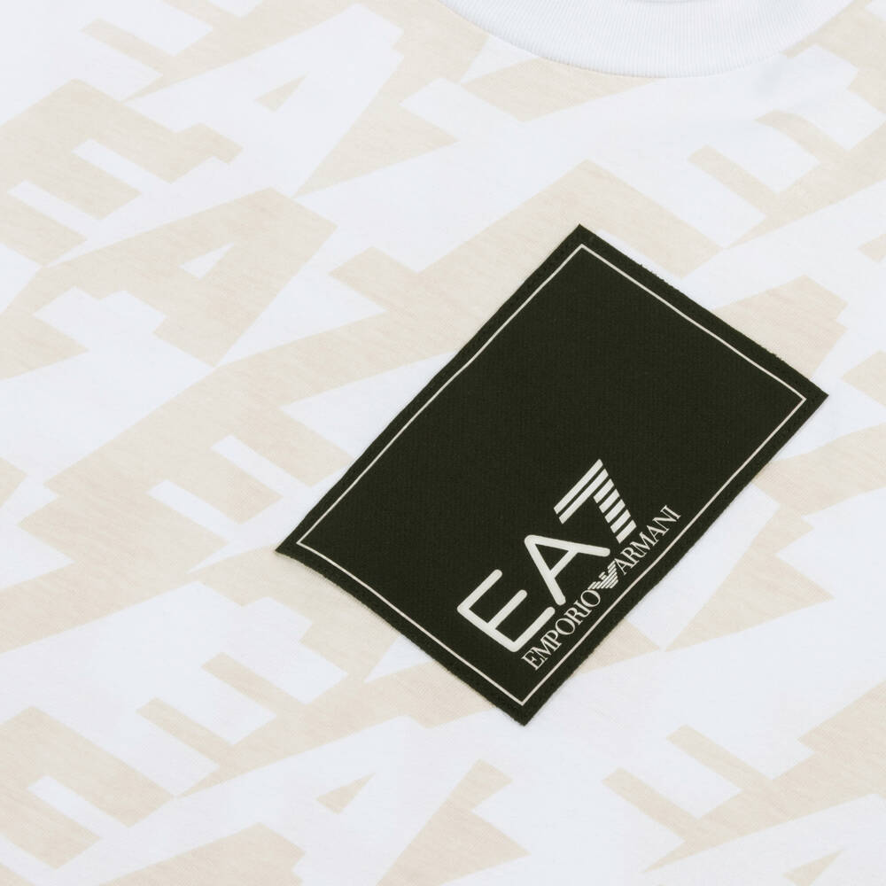 EA7 Emporio Armani-تيشيرت قطني بيج وأبيض للأولاد | Childrensalon Outlet