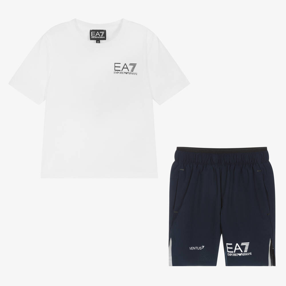 EA7 Emporio Armani - Белая футболка и синие шорты | Childrensalon
