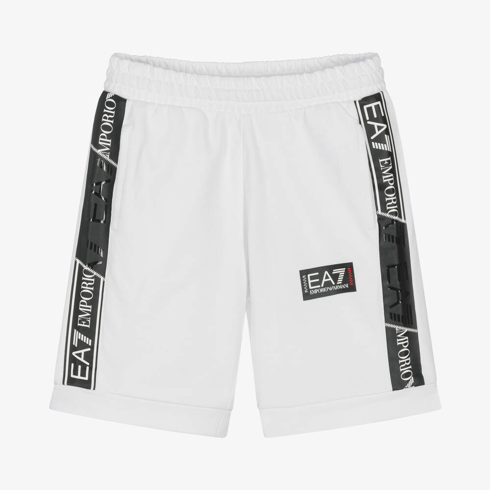 EA7 Emporio Armani Boys White Cotton Logo Shorts Childrensalon