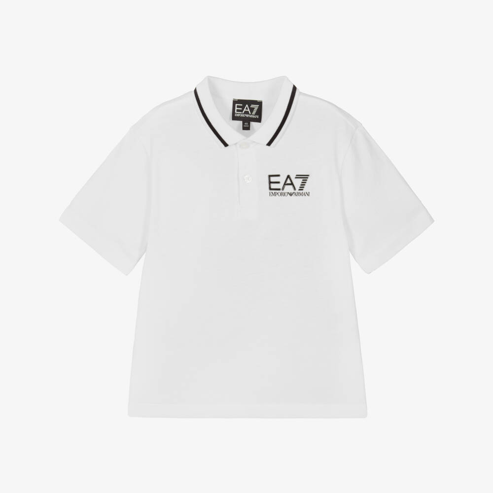 EA7 Emporio Armani-Boys White Cotton Polo Shirt | Childrensalon Outlet