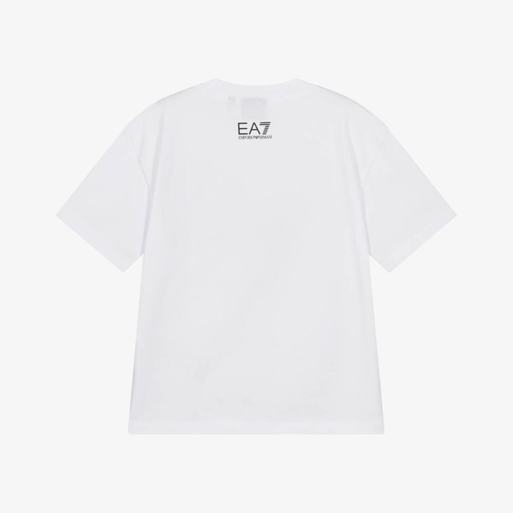 EA7 Emporio Armani-Boys White Cotton T-Shirt with Striped Black Logo | Childrensalon Outlet