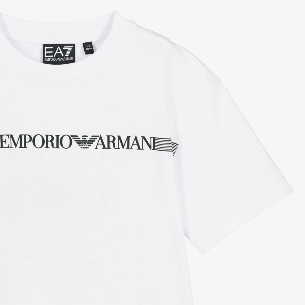 EA7 Emporio Armani-Boys White Cotton T-Shirt with Striped Black Logo | Childrensalon Outlet