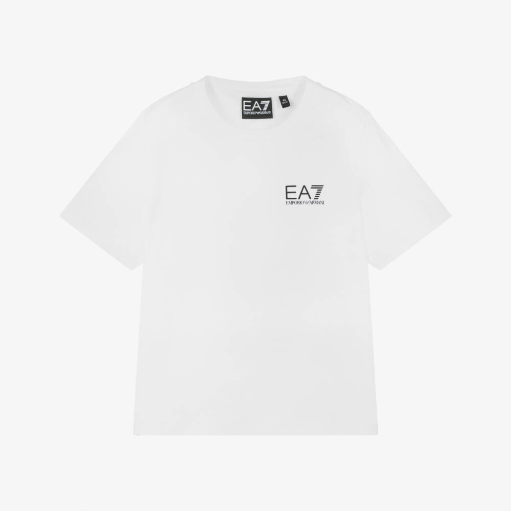 EA7 Emporio Armani-Boys White EA7 Logo Cotton T-Shirt | Childrensalon Outlet