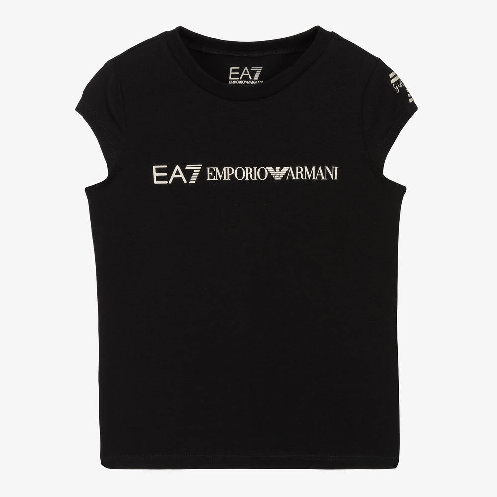 EA7 Emporio Armani - Girls Black Cotton Cap Sleeve T-Shirt | Childrensalon