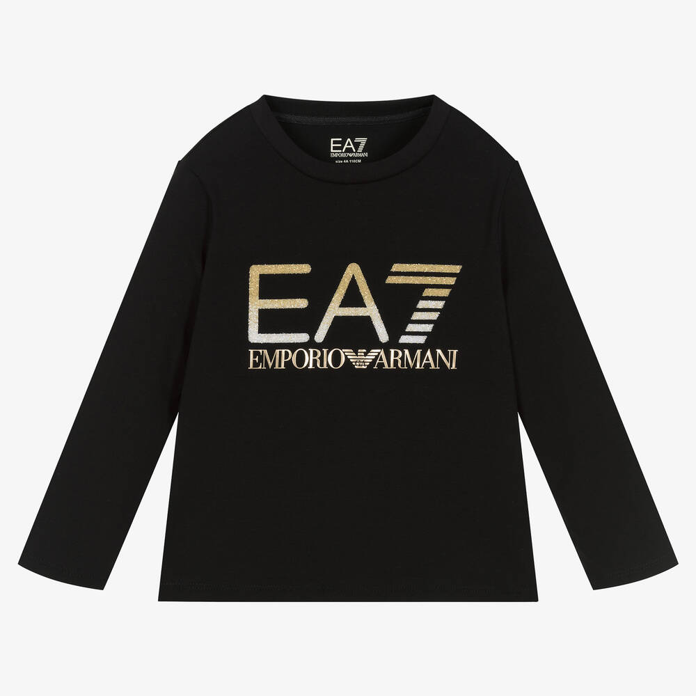 EA7 Emporio Armani - Girls Black Cotton Glittery EA7 Top | Childrensalon