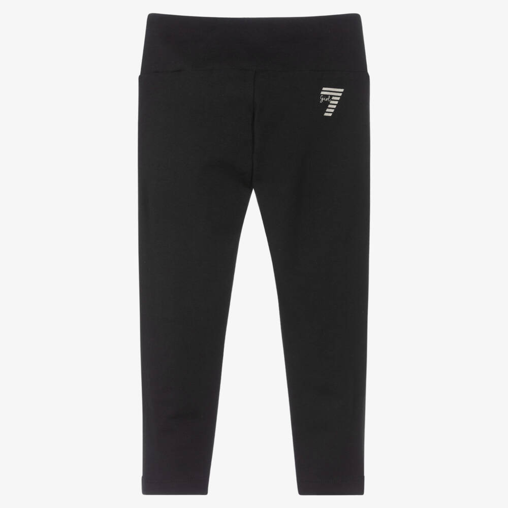 EA7 Emporio Armani-Girls Black Cotton Leggings with Silver Logo | Childrensalon Outlet
