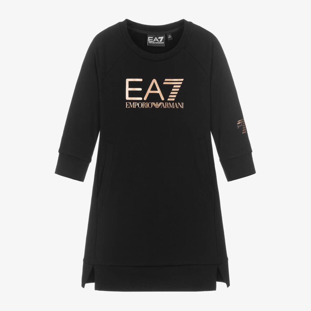 EA7 Emporio Armani-Girls Black Cotton Logo Dress | Childrensalon Outlet