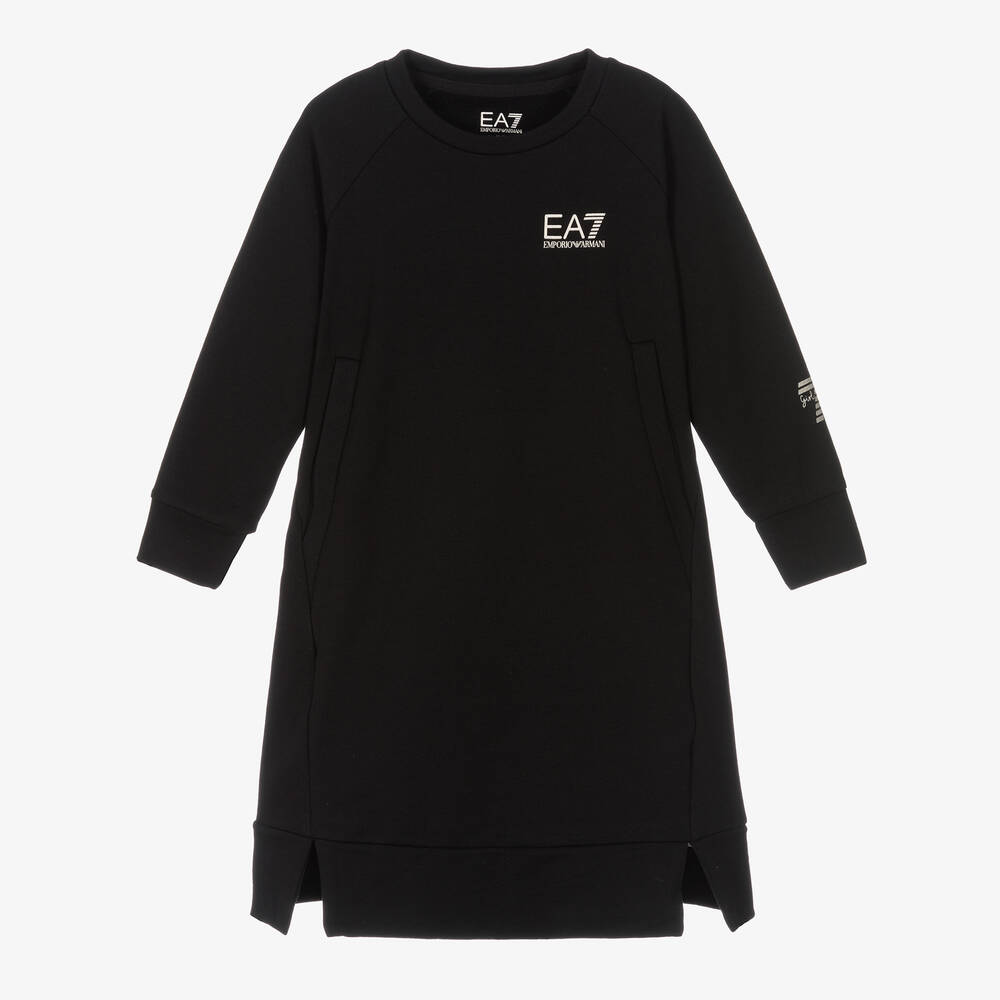 EA7 Emporio Armani - Черное хлопковое платье-свитшот для девочек | Childrensalon