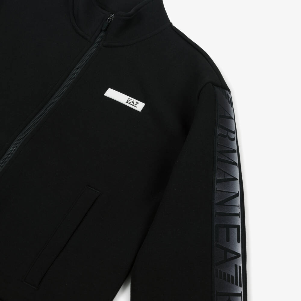 EA7 Emporio Armani-Girls Black Cotton Zip-Up Top with Logo Taping | Childrensalon Outlet