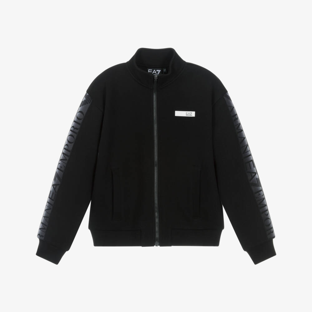 EA7 Emporio Armani-Girls Black Cotton Zip-Up Top with Logo Taping | Childrensalon Outlet