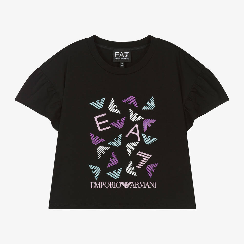 Girls Black Glittery Cotton T Shirt