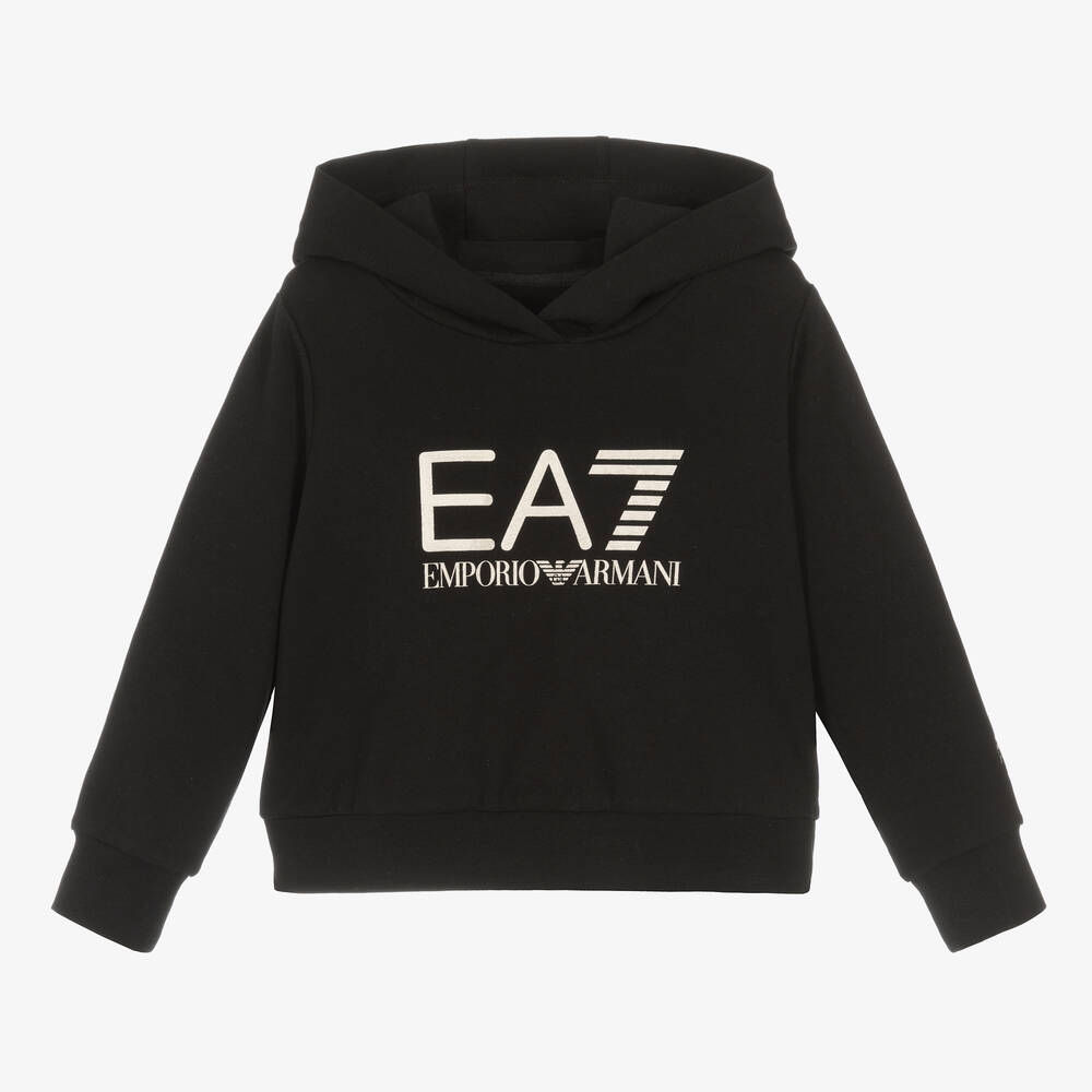EA7 Emporio Armani - Sweat à capuche en coton noir et logo contrasté | Childrensalon