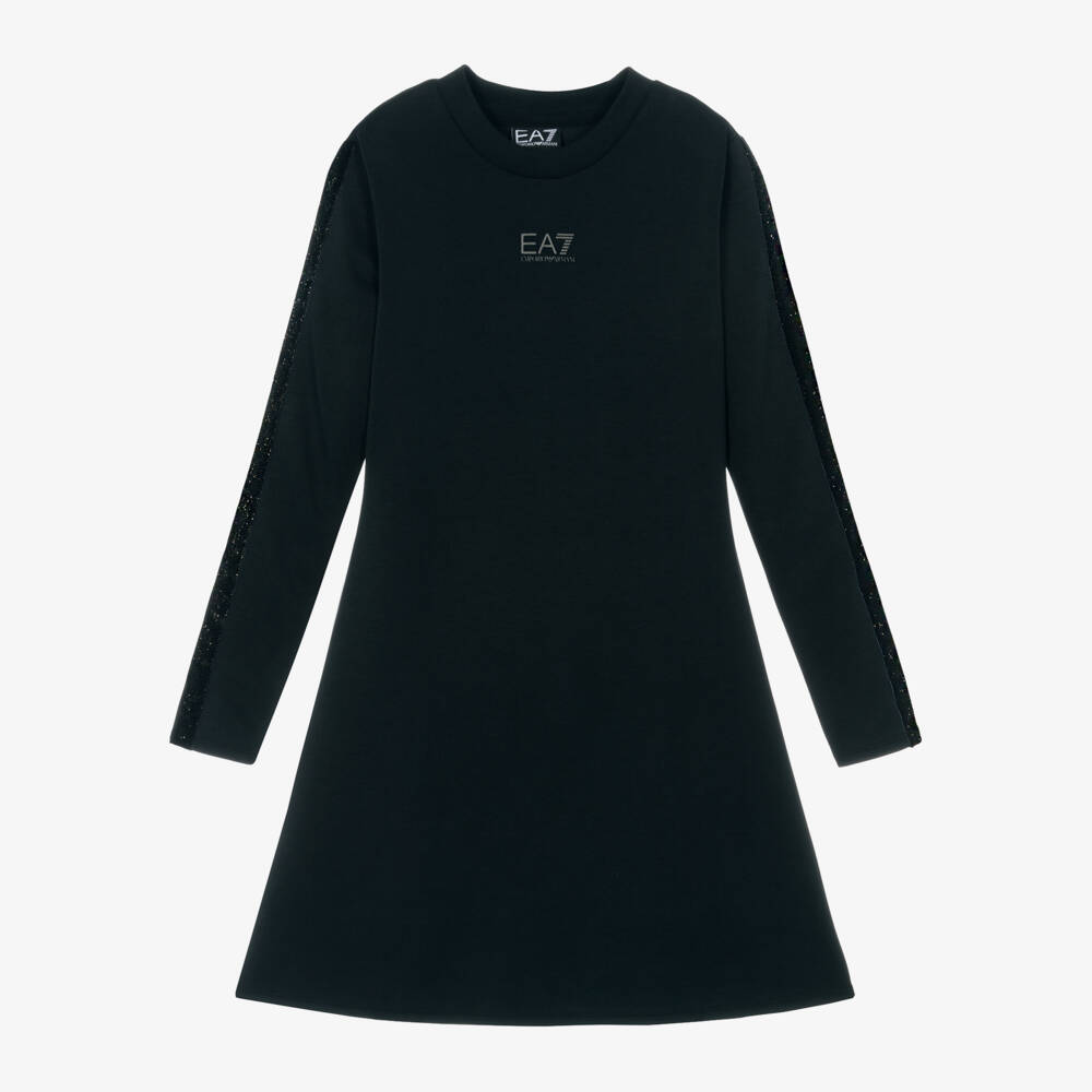 EA7 Emporio Armani-Girls Black Jersey Dress with Trim | Childrensalon Outlet