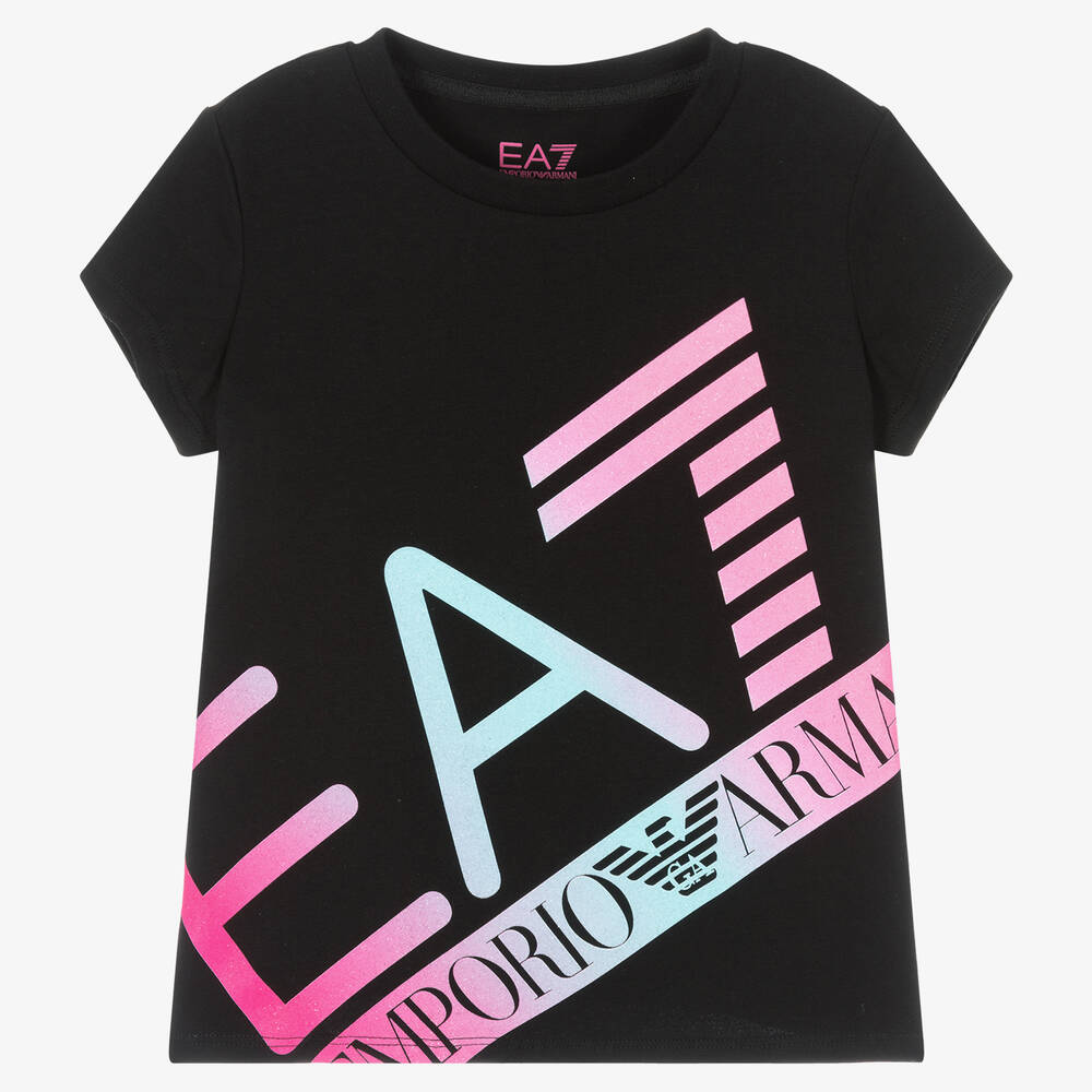 EA7 Emporio Armani - Черная футболка с логотипом для девочек | Childrensalon
