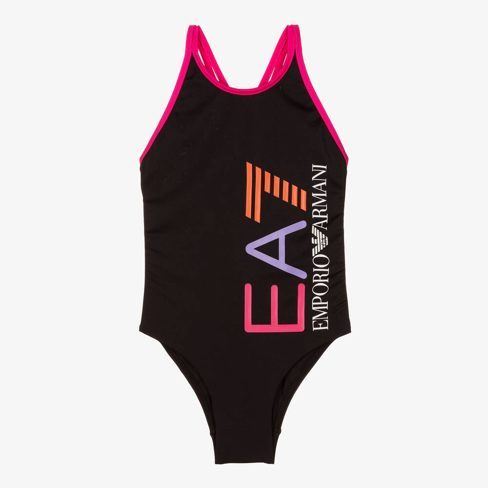 EA7 Emporio Armani - Girls Black Logo Swimsuit | Childrensalon