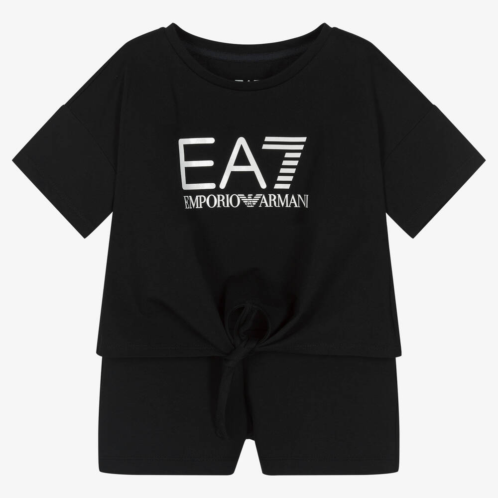 EA7 Emporio Armani - Girls Black Top & Shorts Set | Childrensalon