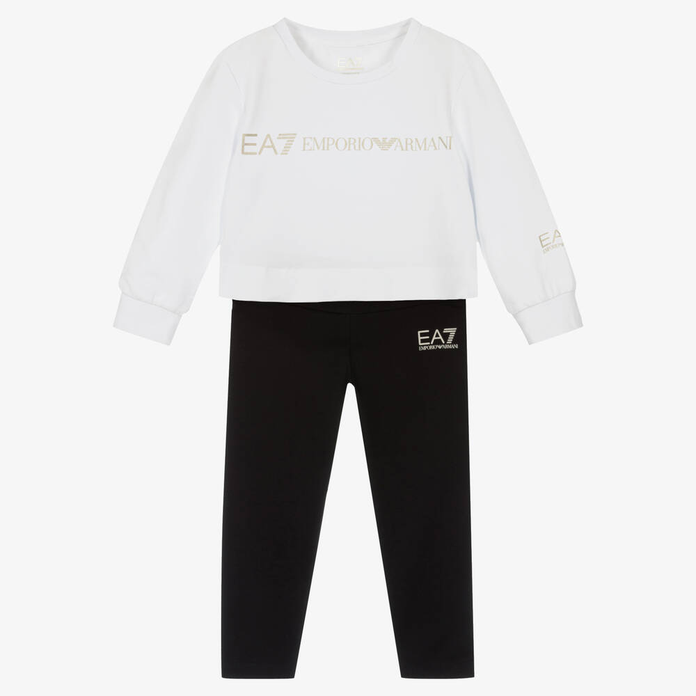 EA7 Emporio Armani - Girls Black & White Cotton Leggings Set | Childrensalon