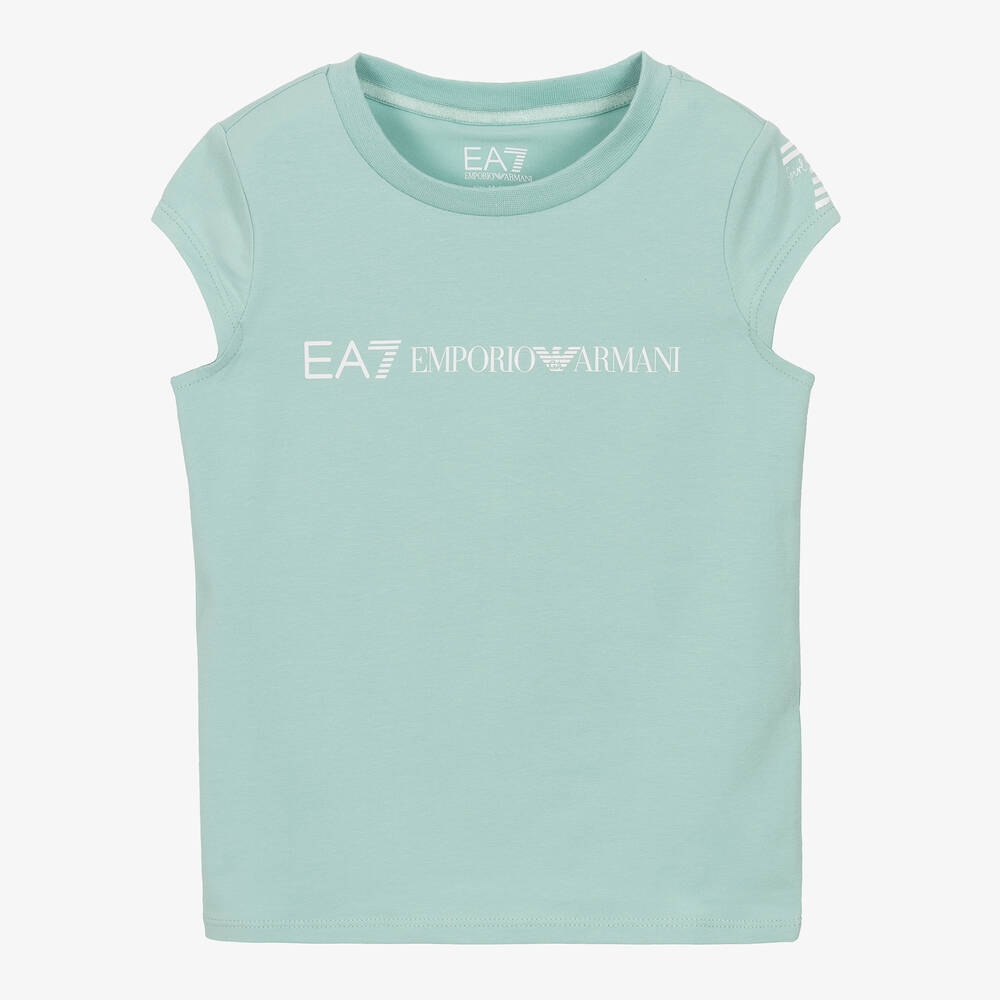 EA7 Emporio Armani - Голубая хлопковая футболка с короткими рукавами | Childrensalon