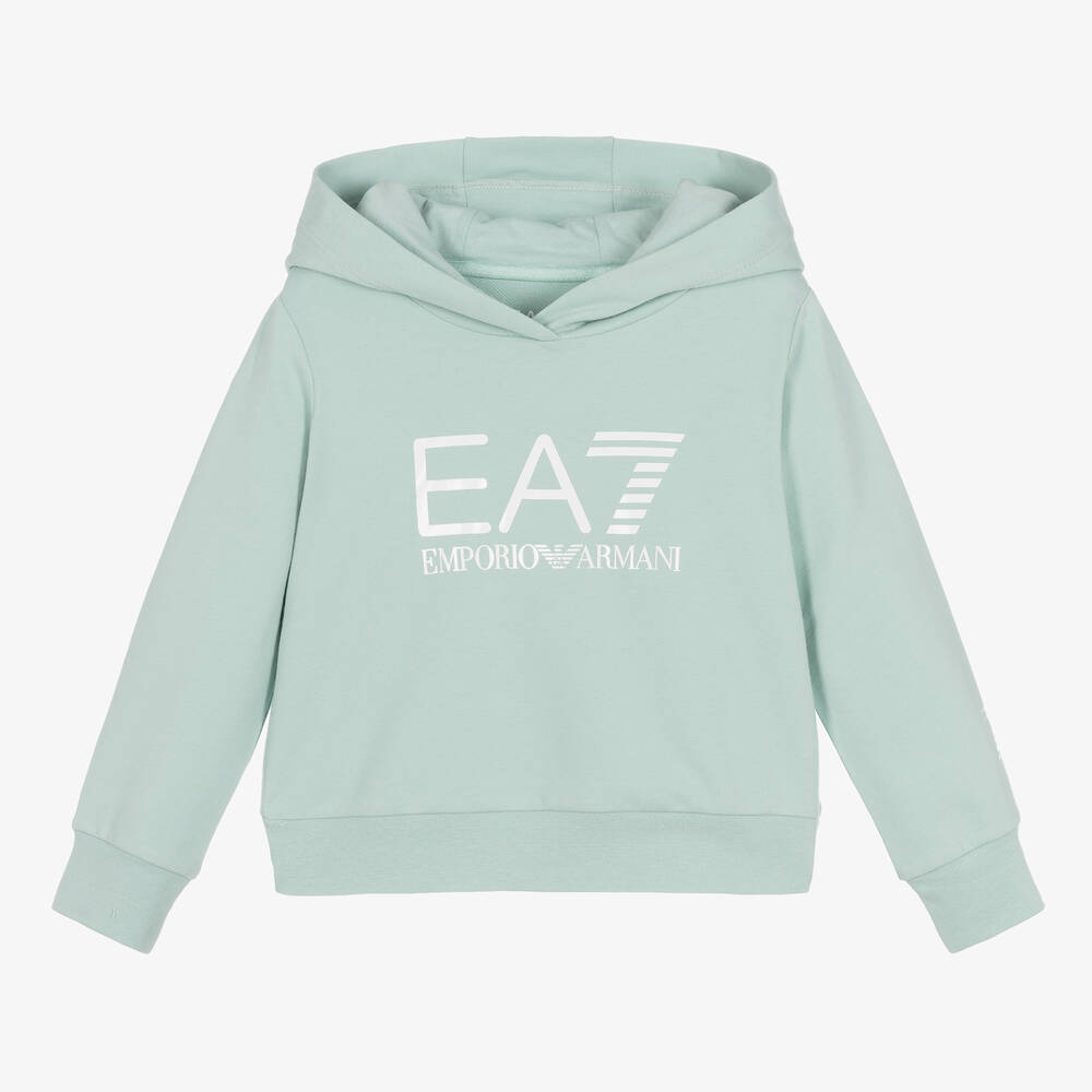 EA7 Emporio Armani - Голубая хлопковая худи с белым логотипом для девочек | Childrensalon