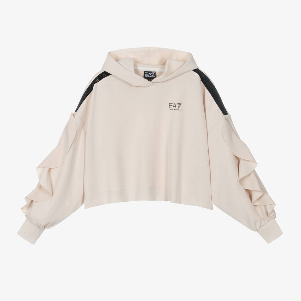 EA7 Emporio Armani-Girls Cream Frill Sleeve Hoodie | Childrensalon Outlet