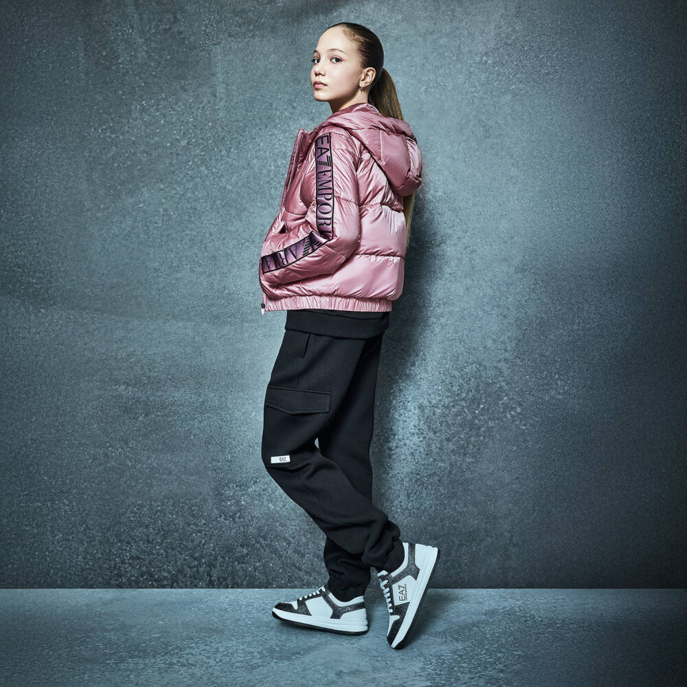EA7 Emporio Armani-معطف مبطن بغطاء رأس وردي باهت للبنات | Childrensalon Outlet