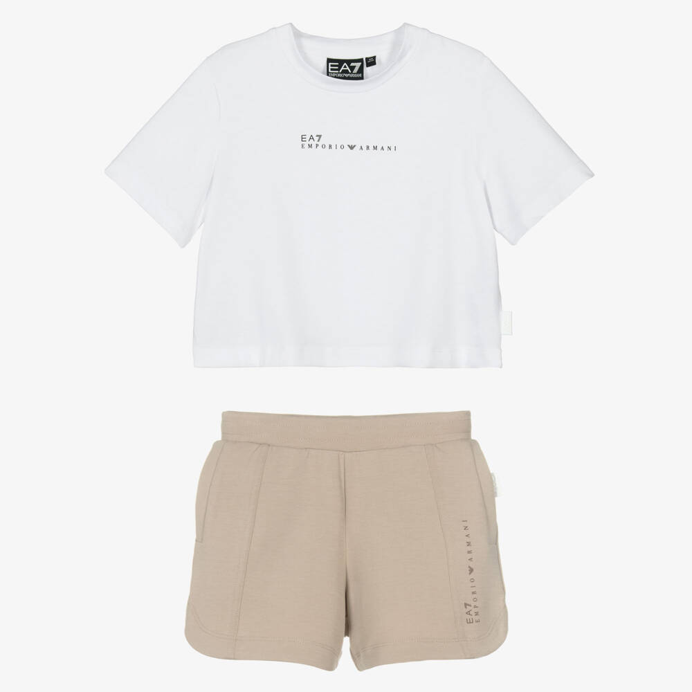 EA7 Emporio Armani-Элегантный белый и бежевый комплект шорт для девочек | Childrensalon Outlet
