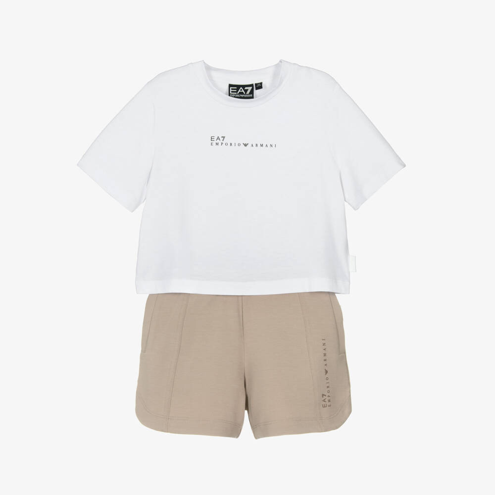 EA7 Emporio Armani-Girls Elegant White & Beige Shorts Ensemble | Childrensalon Outlet