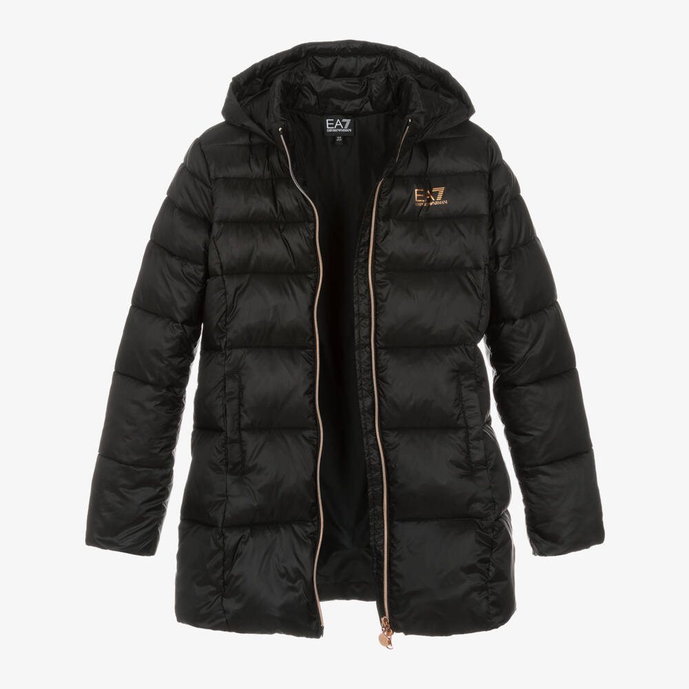 EA7 Emporio Armani-Girls Hooded Black Puffer Jacket | Childrensalon Outlet