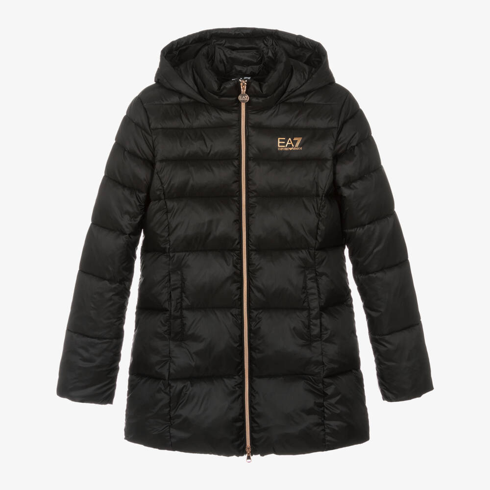 EA7 Emporio Armani-Girls Hooded Black Puffer Jacket | Childrensalon Outlet