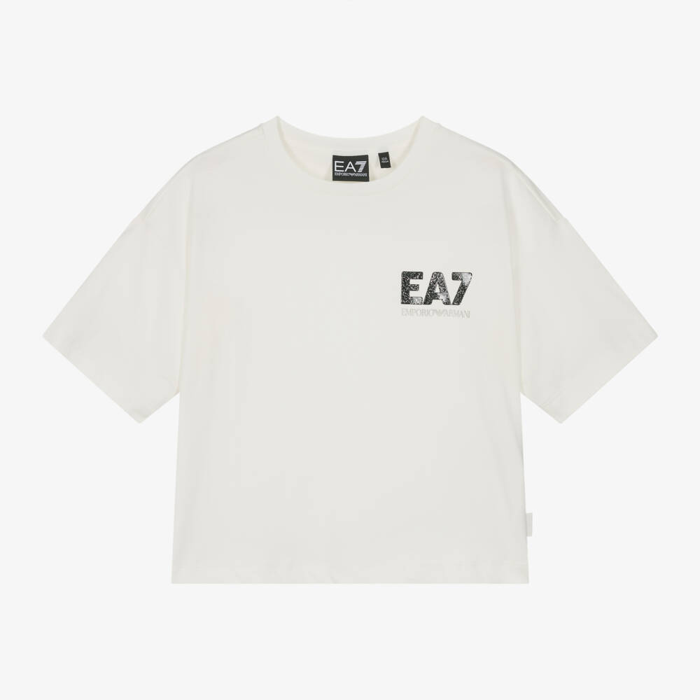 EA7 Emporio Armani-Girls Ivory Cotton Logo Tee | Childrensalon Outlet