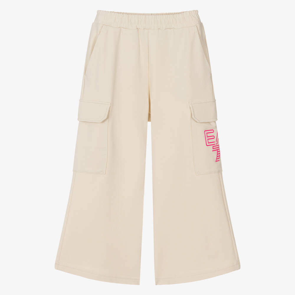 EA7 Emporio Armani-Girls Ivory Relaxed Fit Cotton Trousers | Childrensalon Outlet