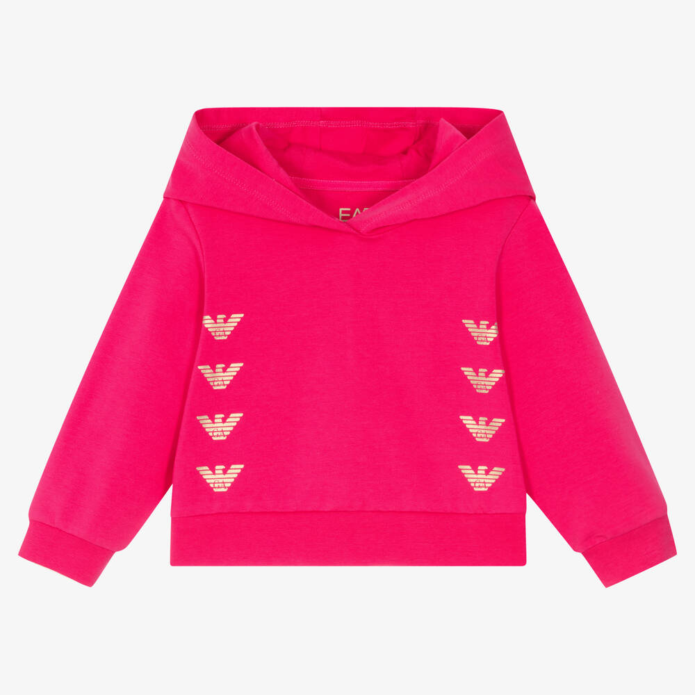 EA7 Emporio Armani - Girls Pink Cotton Logo Hoodie | Childrensalon