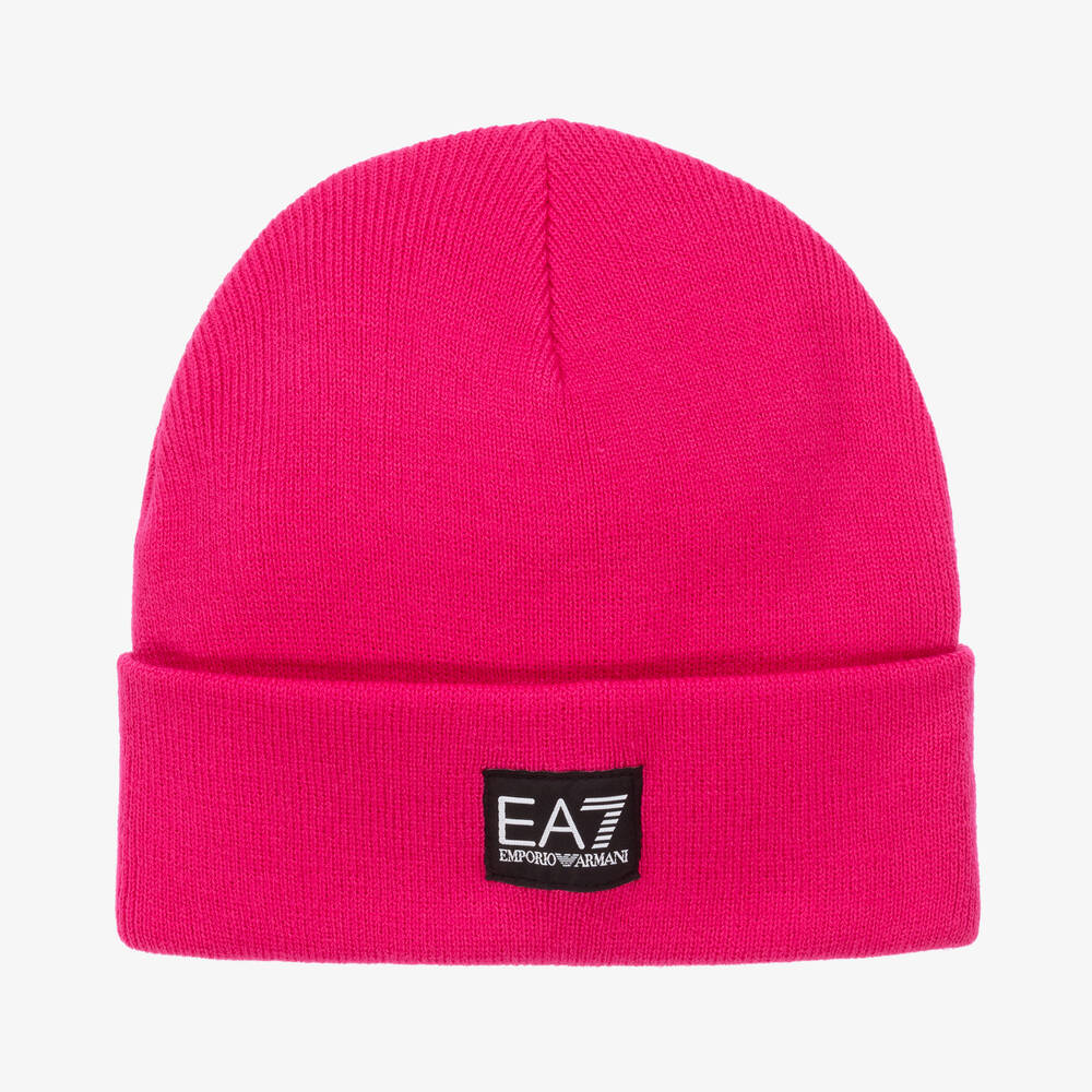 EA7 Emporio Armani - قبعة بيني أكريليك محبوك لون زهري فيوشيا للبنات | Childrensalon