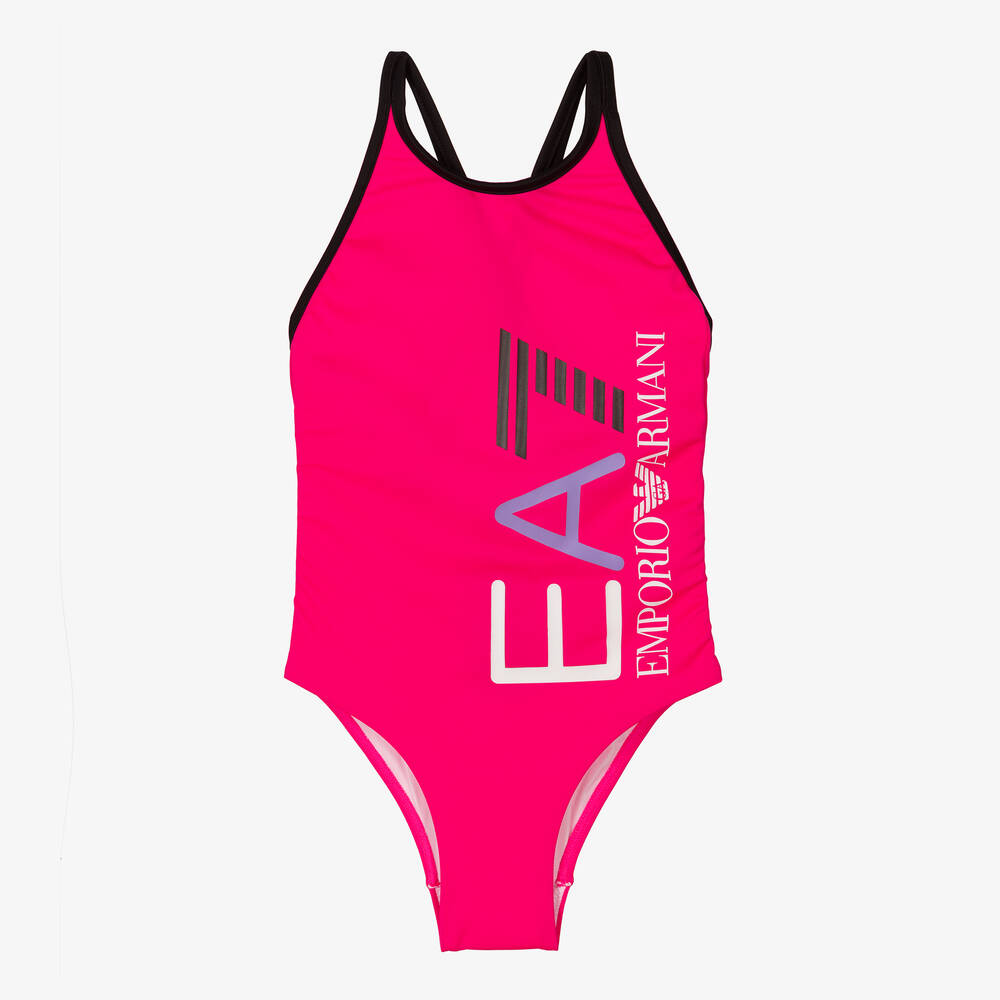 EA7 Emporio Armani - Girls Pink Logo Swimsuit | Childrensalon