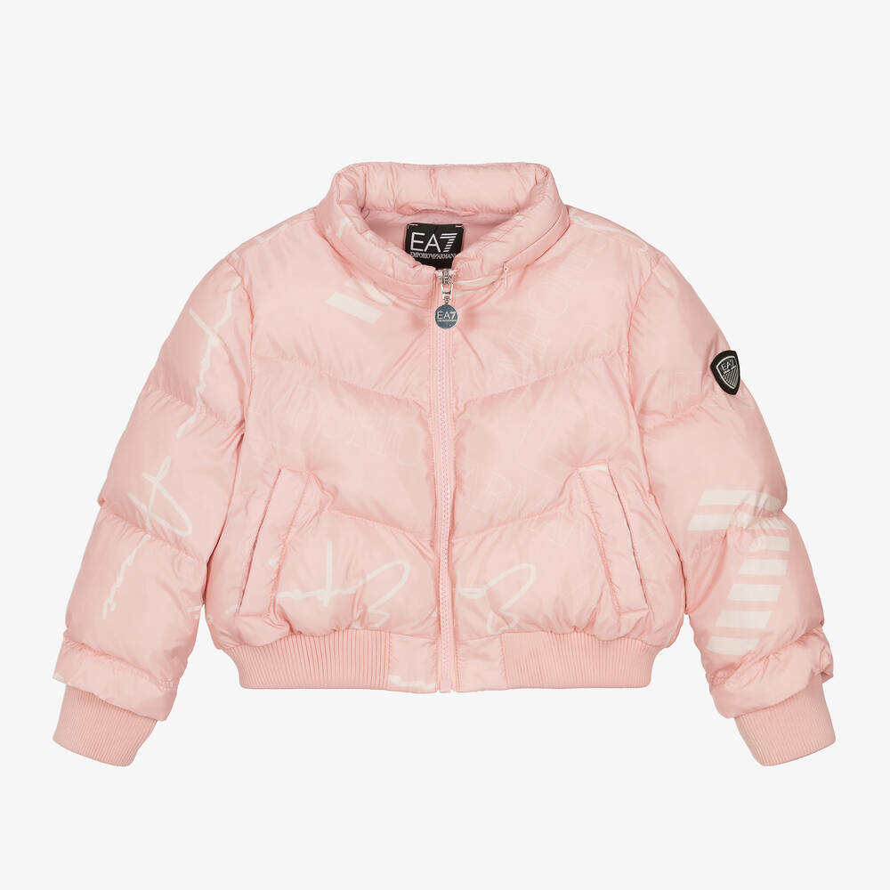 EA7 Emporio Armani - Girls Pink Monogram Puffer Jacket | Childrensalon