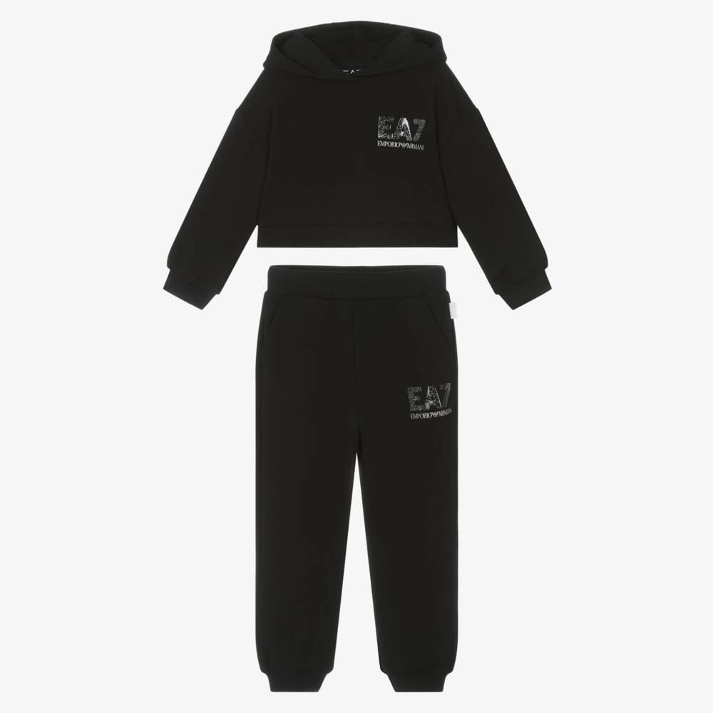 EA7 Emporio Armani-Блестящий черный хлопковый комплект для девочек | Childrensalon Outlet