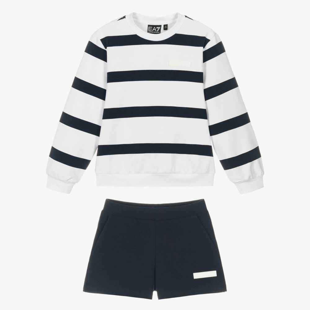 EA7 Emporio Armani-Girls Striped Cotton Shorts Ensemble | Childrensalon Outlet