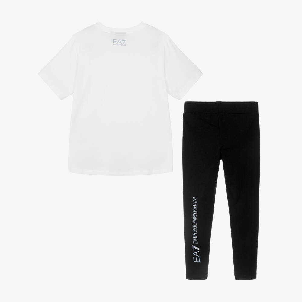EA7 Emporio Armani-Girls White & Black Cotton Leggings Set with EA7 Logo | Childrensalon Outlet