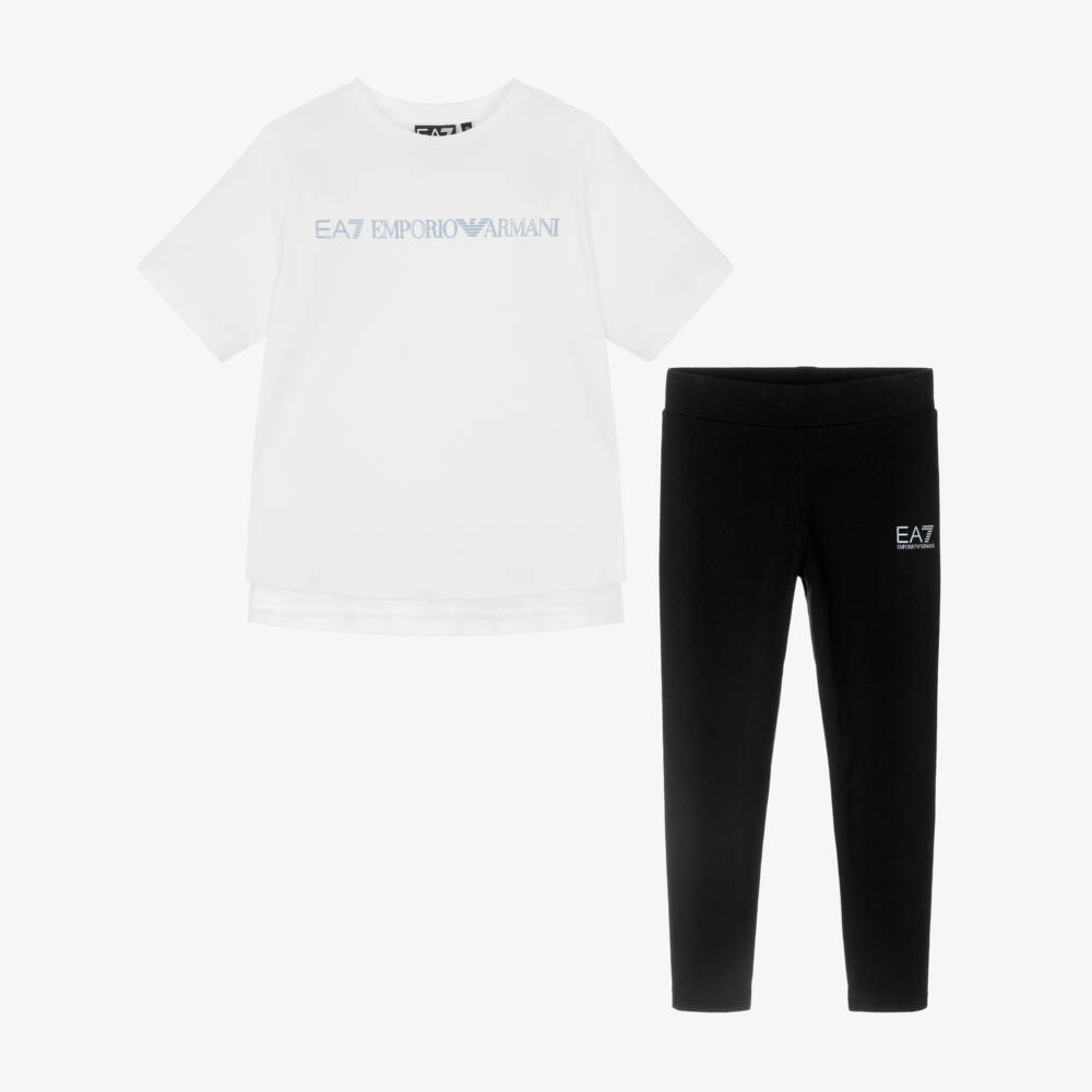 EA7 Emporio Armani-Girls White & Black Cotton Leggings Set with EA7 Logo | Childrensalon Outlet
