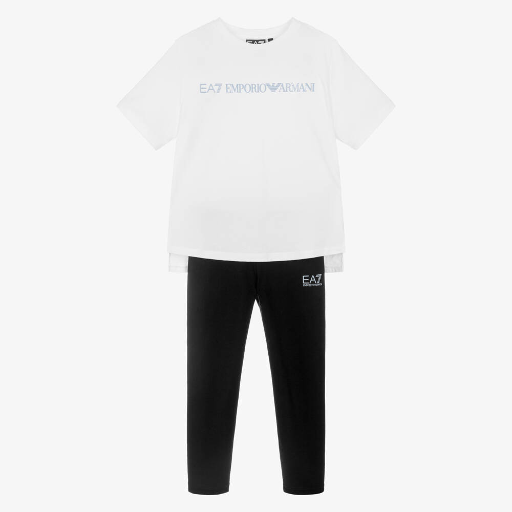 EA7 Emporio Armani-Girls White & Black Cotton Leggings Set with EA7 Logo | Childrensalon Outlet