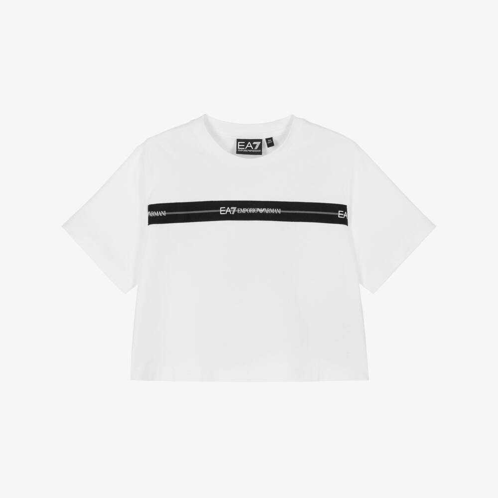 EA7 Emporio Armani-Girls White Cotton Boxy Fit T-Shirt | Childrensalon Outlet