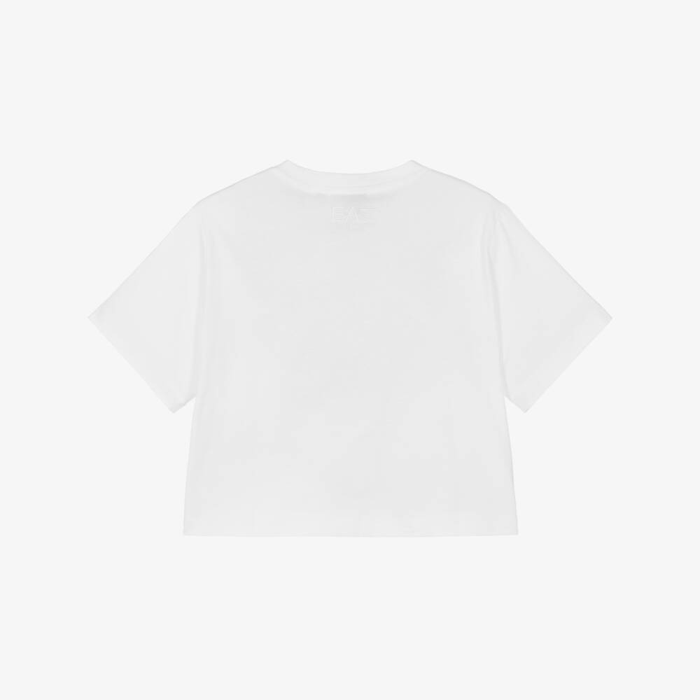 EA7 Emporio Armani-Girls White Cotton Boxy Fit T-Shirt | Childrensalon Outlet