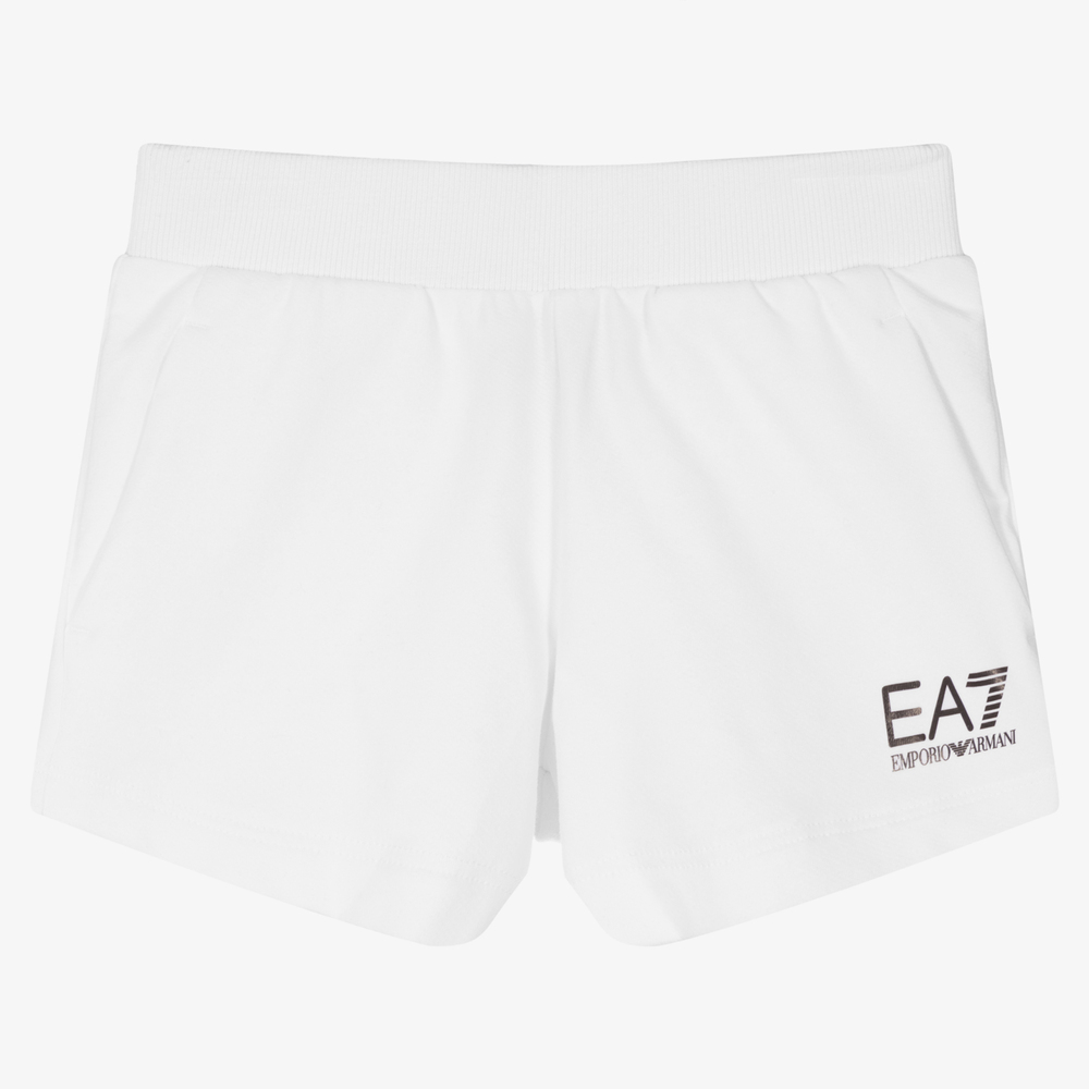 EA7 Emporio Armani - Girls White Jersey Logo Shorts | Childrensalon