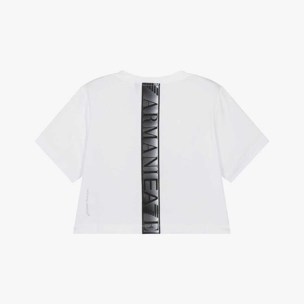 EA7 Emporio Armani-Girls White Jersey T-Shirt with Black Logo Taping | Childrensalon Outlet