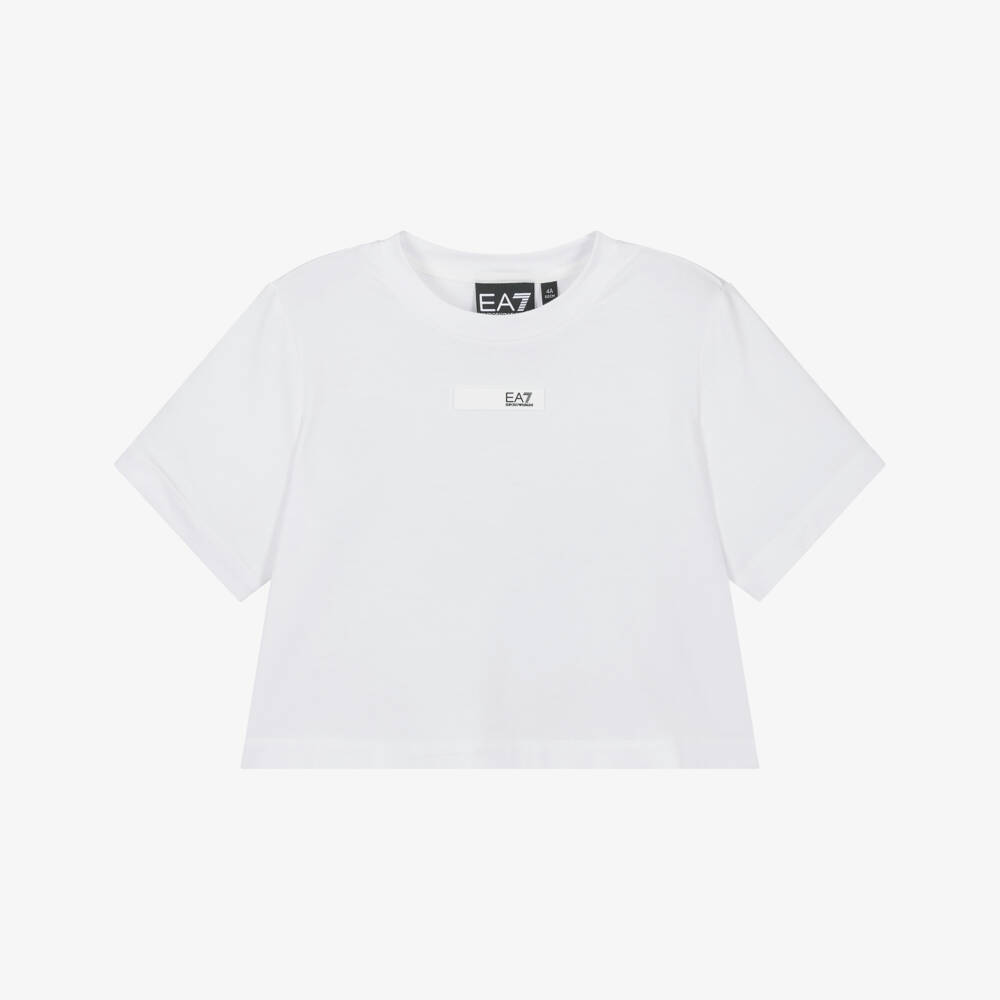 EA7 Emporio Armani-Girls White Jersey T-Shirt with Black Logo Taping | Childrensalon Outlet