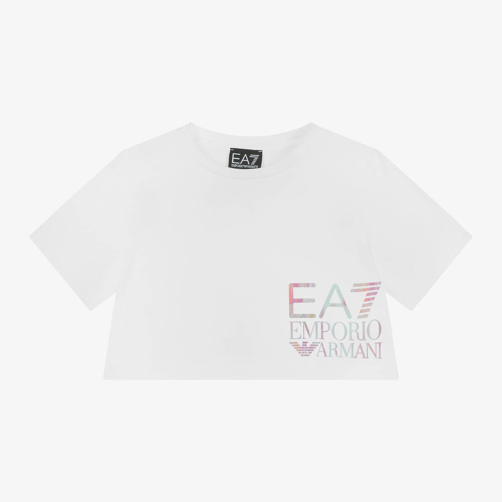 EA7 Emporio Armani-Girls White Organic Cotton T-Shirt | Childrensalon Outlet