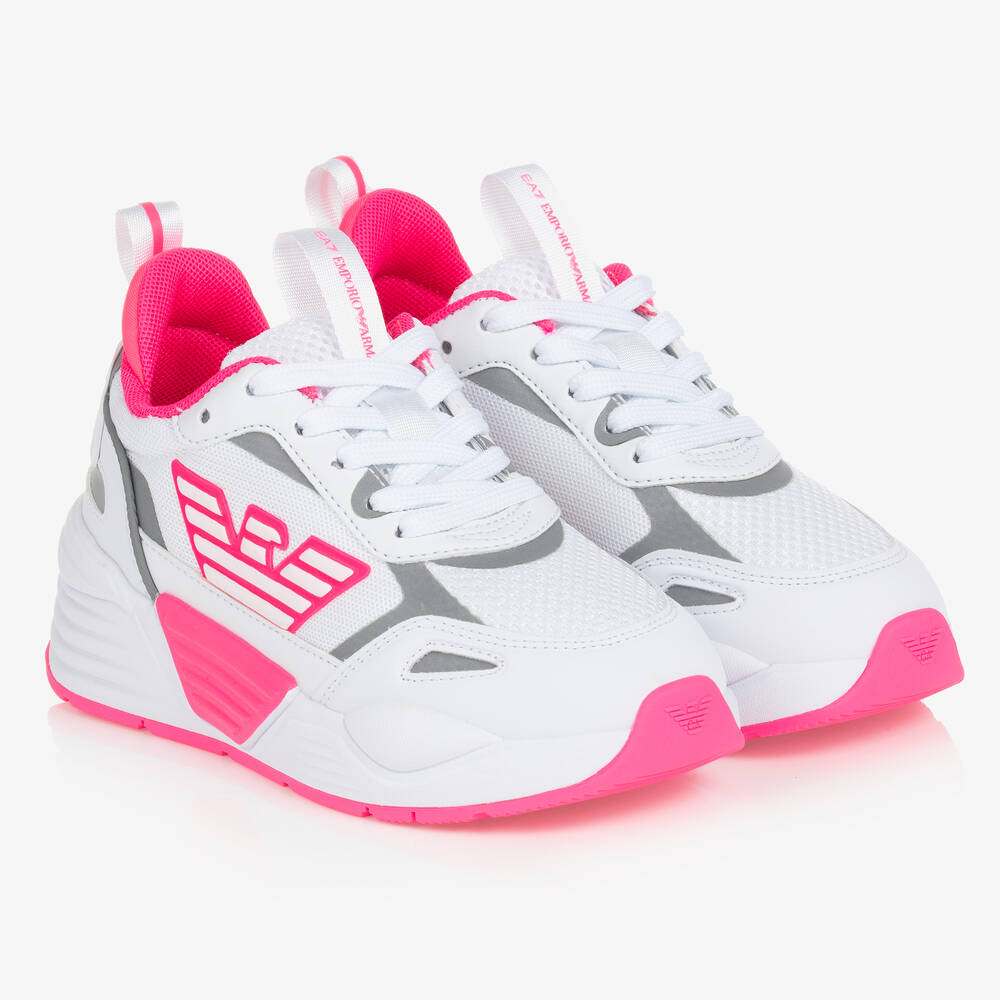EA7 Emporio Armani - Girls White & Pink Logo Trainers | Childrensalon