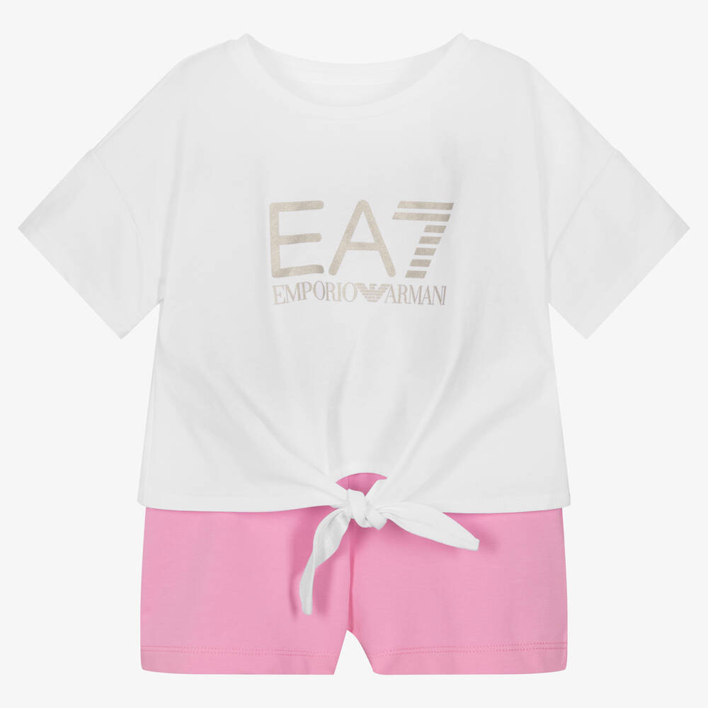 EA7 Emporio Armani - Girls White Top & Pink Shorts Set | Childrensalon
